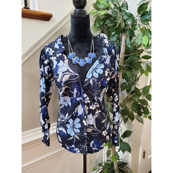 H&M Women's Blue Floral Cotton Collared Long Sleeve Buttons Down Casual Shirt 14 - Picture 1 of 10